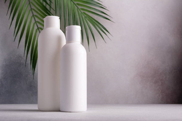 Białe puste opakowanie kosmetyczna butelka z tworzywa sztucznego z liśćmi palmy. Produkt toaletowy i pielęgnacyjny.  - Zdjęcie, obraz