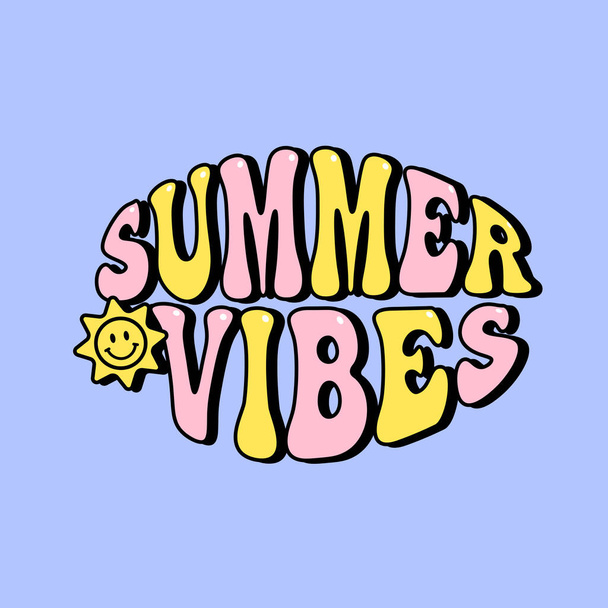 zomer vibes belettering met zon sticker, groovy esthetische poster design, retro stijl vector design element - Vector, afbeelding