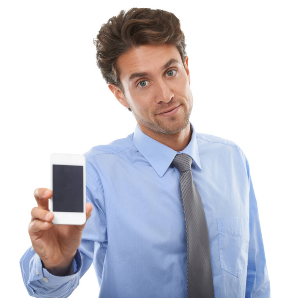 Your mobile website. Studio shot of a young businessman holding a blank cellphone screen up to the camera isolated on white - Fotó, kép