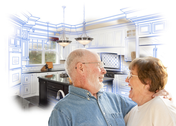 Seniorenpaar über Küchendesign-Zeichnung und Foto auf Weiß - Foto, Bild