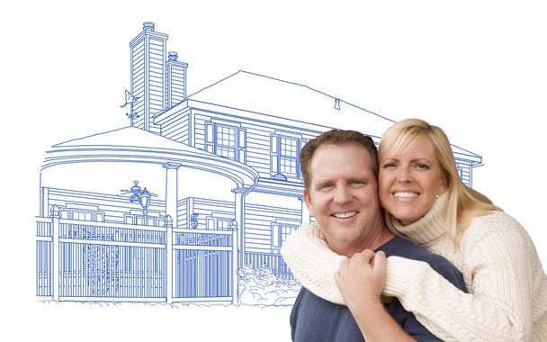 Przytulanie para na rysunek domu na biało - Zdjęcie, obraz