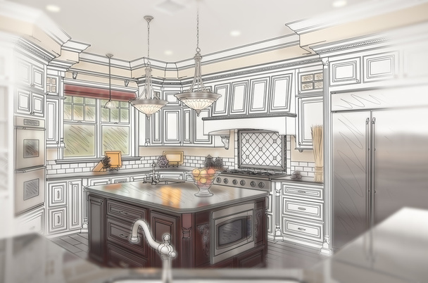 Όμορφη προσαρμοσμένη κουζίνα σχεδιασμό σχεδίαση με εικονικές φωτογραφία πίσω από - Φωτογραφία, εικόνα