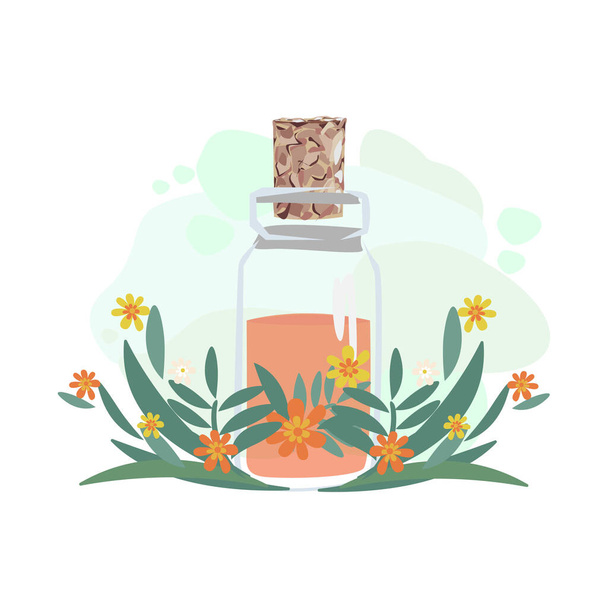 Composition of bottles with medicinal herbs, aromatic oils and herbal tinctures. Herbal medicine. Alternative medicine. Vector illustration for advertising, flyers and social networks. - Vektör, Görsel