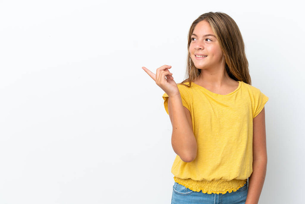 Little caucasian girl isolated on white background intending to realizes the solution while lifting a finger up - Fotografie, Obrázek