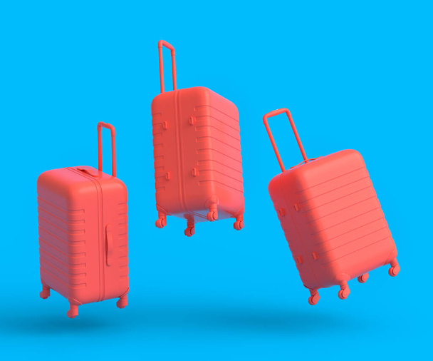 Colorful suitcase or baggage flying on monochrome background. 3D render of summer vacation concept and holidays - Zdjęcie, obraz