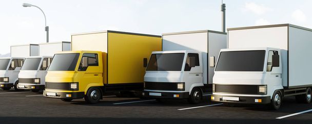 Row of trucks parked outdoors, side view. Concept of delivery and global logistics. Mockup copy space. 3D rendering - Fotoğraf, Görsel