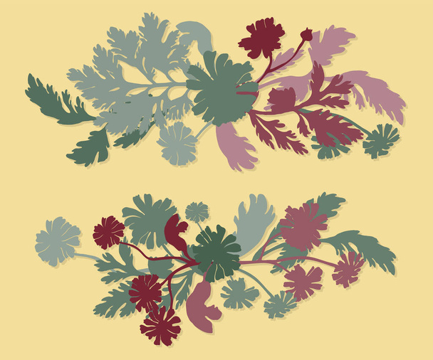Two horizontal garlands made from plant parts with flowers, leaves, and fruits. Colored composition with light shadows. Flower border in a vintage style for blogs, posters, and any web or print usage. - Vektor, Bild