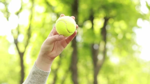 公園でアクティブなゲームをプレイ。木製のラケットでボールを打つ。テニスラケットを手にした女性の手を閉じる。天気の良い日に趣味やレクリエーション。アウトドアスポーツレジャー活動 - 映像、動画