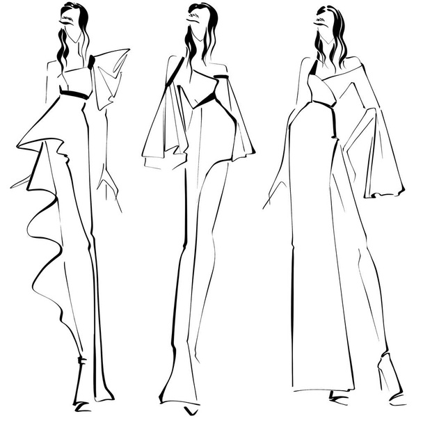 Desenho Moda Ilustração sobre um fundo branco Mulher em vestido de noite croquis, um estilo fácil de ilustração de moda. - Foto, Imagem