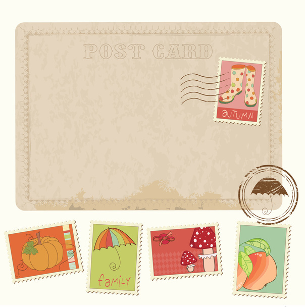 Retro Invitation postcard with Autumn stamps - for design and sc - Διάνυσμα, εικόνα