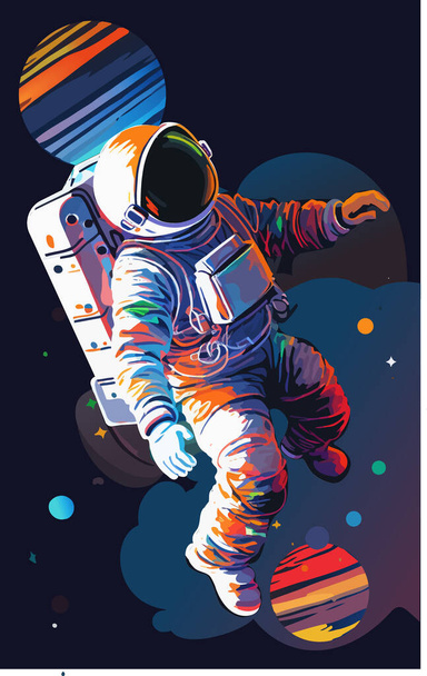 Astronaut explores space being desert planet. Astronaut space suit performing extra cosmic activity space against stars and planets background. Human space flight. Modern vector illustration - Vector, Image