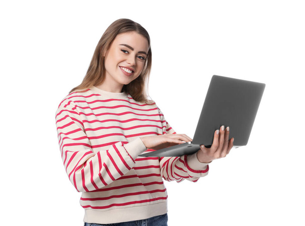 Happy woman with laptop on white background - Zdjęcie, obraz