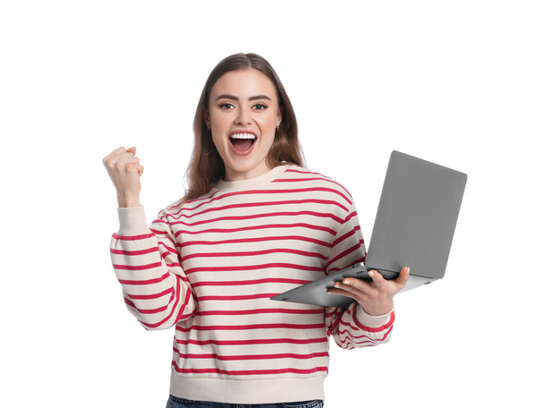 Happy woman with laptop on white background - Fotoğraf, Görsel