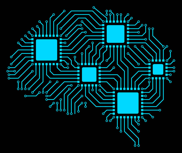 Leiterplatte mit menschlichem Gehirn. mit vier Mikrochips blau. Konzept der künstlichen Intelligenz - Foto, Bild