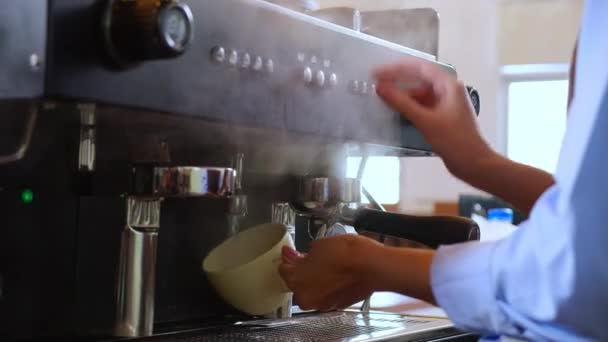 Primo piano mani di barista preparare il lavaggio e tazza pulita per la preparazione fare il caffè in caffetteria, giovane donna asiatica che fa piccole imprese o PMI. - Filmati, video
