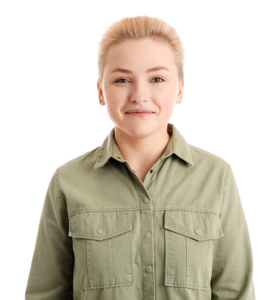 Young woman with short hair on white background - Photo, Image