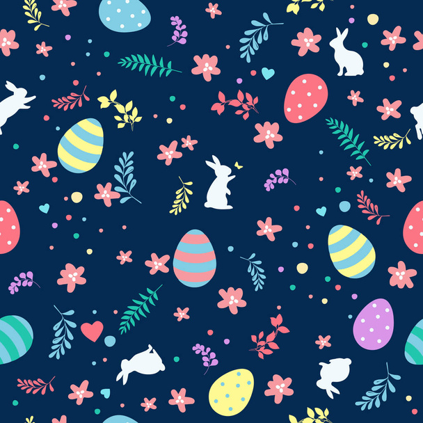 Симпатичный ручной рисунок Пасхи бесшовный узор с кроликами, цветы, пасхальные яйца, красивый фон, отлично подходит для пасхальных открыток, баннер, текстиль, обои. - Вектор,изображение
