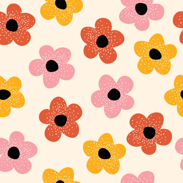 Y2K daisy flowers seamless pattern in groovy retro funky style. Simple shaped flowers vector background. Cozy vintage fabric print, textile, home deco. - Vector, Imagen