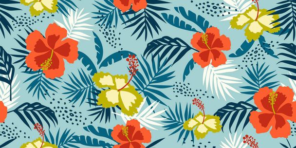 Tropical flower pattern seamless, silhouette of blooming, hand drawn botanical, Floral leaf for spring and Summer time, natural ornaments for textile, fabric, wallpaper, background design. - Vektor, Bild
