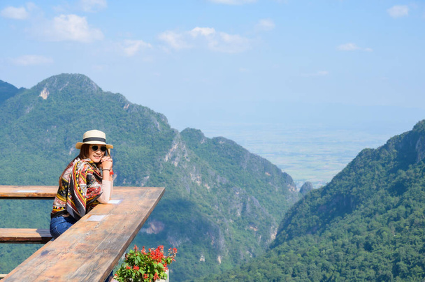 Woman Tourist with Beautiful Mountain View at Pha Hi Village, Chiang Rai Province. - Photo, Image
