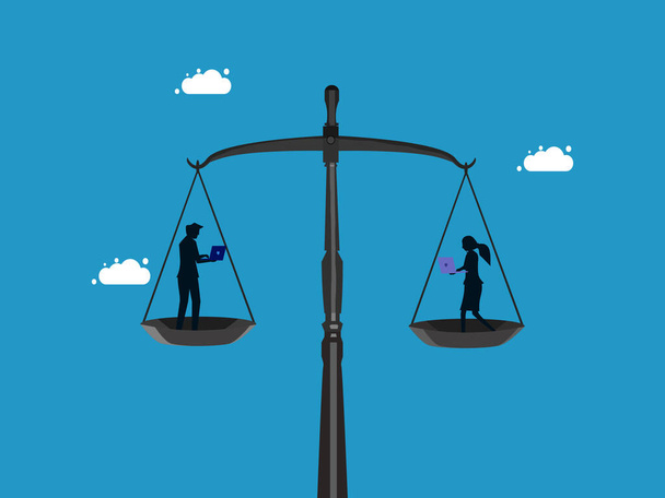 Equality. man and woman working with laptop on balance scales vector - Vector, Image