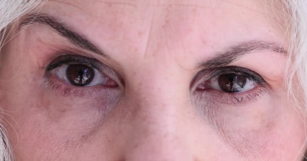 Mujer madura con ojos marrones oscuros y arrugas levanta la ceja. Concepto de chequeo de la vista. Servicio oftalmológico para pacientes maduros de cerca - Imágenes, Vídeo
