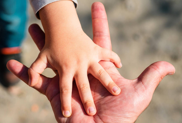 Family hands. Fatherhood concept. Child and father relationships. Children adaptation, adopted child - 写真・画像