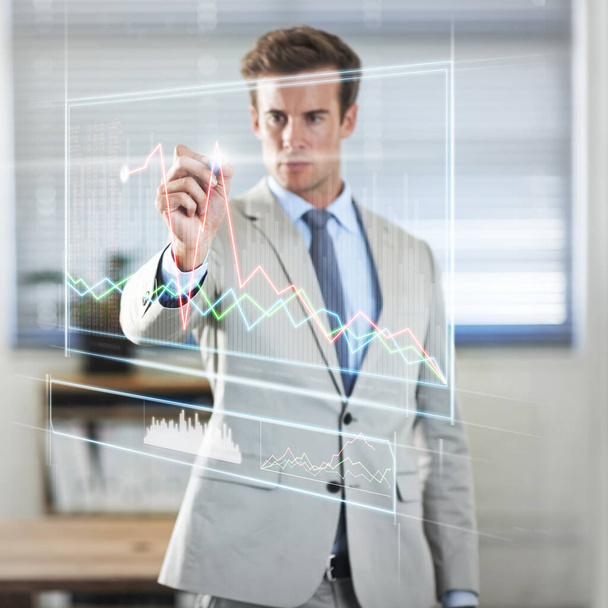 Corporate, hologram and man with graphs, investment and brainstorming for profit growth, planning and software update. Male person, accountant or employee with ideas, financial worker and holographic. - Foto, imagen