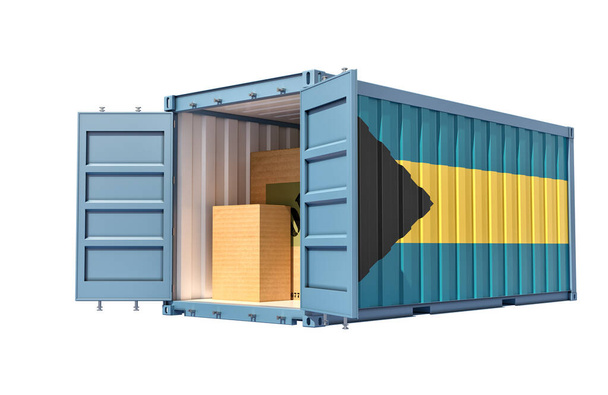 Cargo container with Bahamas national flag. 3D Rendering - Foto, afbeelding