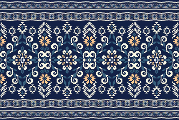 ネイビーブルーの背景に花のニット刺繍。幾何学的な民族の東洋のパターンの伝統。アステカスタイル抽象的なベクトルのイラスト。. - ベクター画像