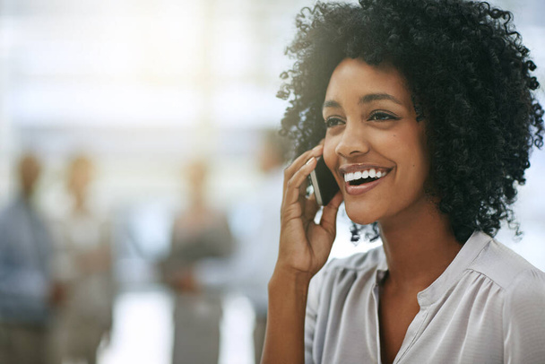 Phone call, business and funny black woman in office with mockup space. Cellphone, laughing and African female person speaking, communication or discussion, comedy and comic humor with contact - Foto, Imagen