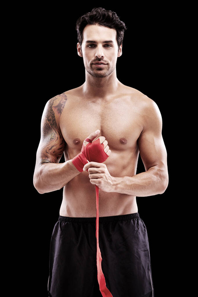 Man, fitness and boxing with portrait in studio for competition with champion at the gym. Boxer, body and professional with model at sports club for exercise and wellness for strong athlete - Fotoğraf, Görsel