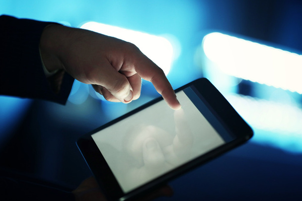 Male hand touching screen tablet close-up - Photo, Image