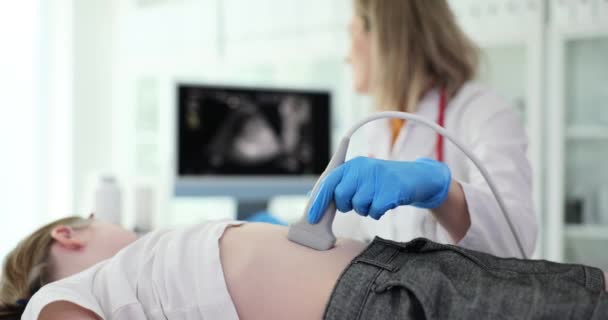 現代の超音波機器で女の子の胃をチェックします。女性は画像スローモーションで画面を見て医療機器を使用しています - 映像、動画