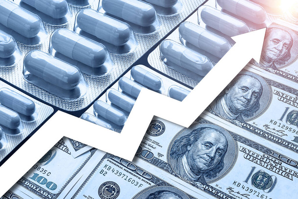 Steigende Arzneimittelpreise. Steigende Arzneimittelpreise. Diagramm des Anstiegs der Arzneimittelkosten. Globale Finanzkrise. Angebotsdefizit - Foto, Bild