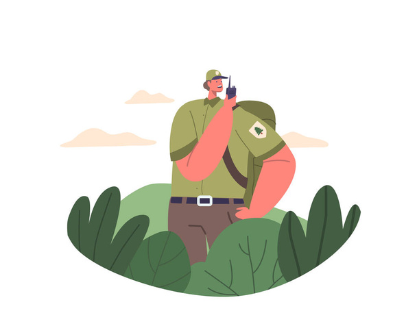 Ranger Forester personagem na floresta se comunicando com Walkie-talkie, Monitoramento, Patrulhamento, Alertando Vida Selvagem, Pesquisando Intrusos ou caçadores furtivos proteger o meio ambiente. Desenhos animados Pessoas Vector Ilustração - Vetor, Imagem