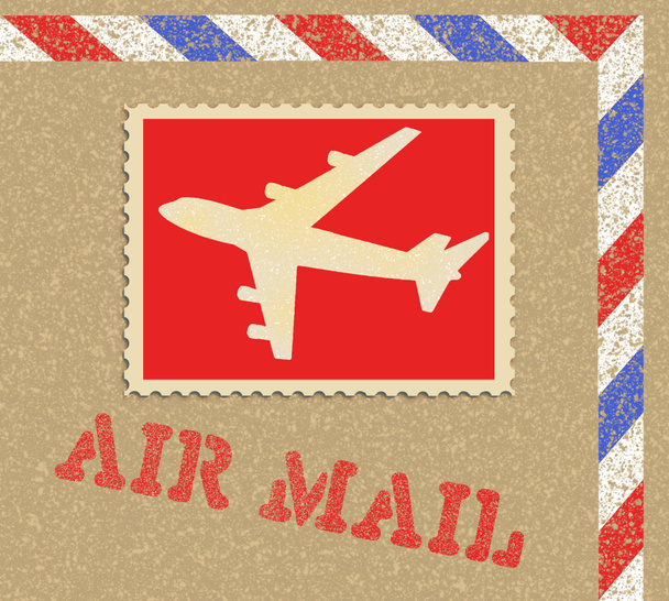 Un francobollo di posta aerea vintage finto con un aeroplano nel disegno è visto in un'illustrazione 3-d - Foto, immagini