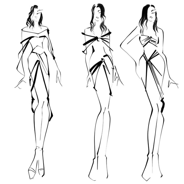   Sketch Fashion Ilustración sobre un fondo blanco Mujer en vestido de noche croquis, un estilo fácil de ilustración de moda. - Foto, imagen