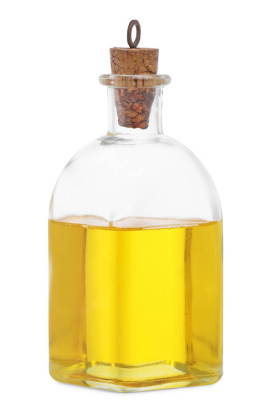 Glass jug of cooking oil isolated on white - Φωτογραφία, εικόνα