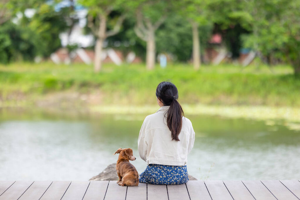 Woman with her dachshund dog sit on the wooden floor beside the lake - Foto, imagen