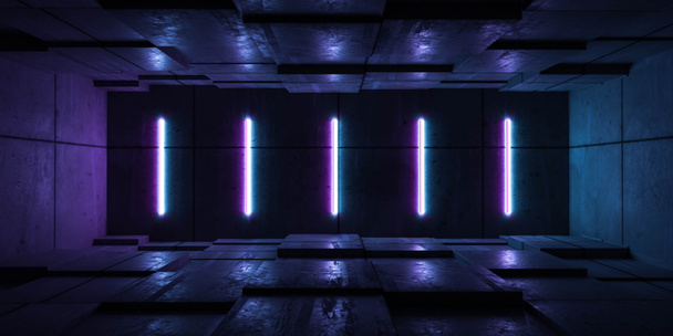 Una habitación débilmente iluminada con luces púrpura y azul - Foto, Imagen