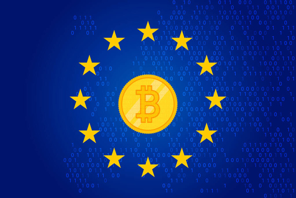 MiCA - Markten in Crypto activa regelgeving vlag van de Europese Unie en kaart van Europa achtergrond. Eu teken. Vectorillustratie - Vector, afbeelding