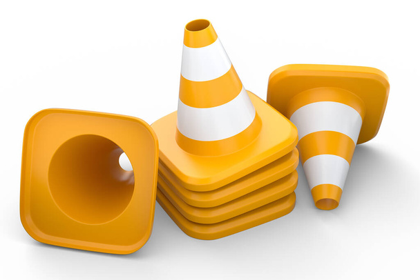 Set of traffic cones for under construction road work on white background. 3d render concept of maintenance or attention warning cone - Valokuva, kuva