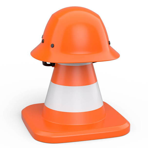 Stack of safety helmets or hard hats and traffic cones for under construction road work on white background. 3d render carpentry tools for industrial worker and handyman - Fotoğraf, Görsel