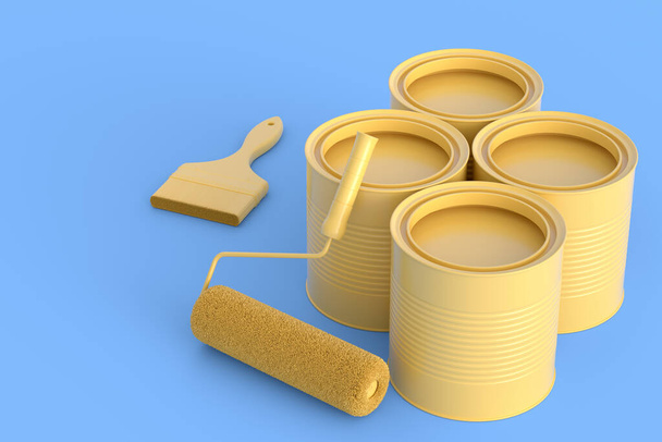 Set of metal cans or buckets with paint roller and brush for painting walls on monochrome background. 3d render of renovation apartment concept and interior design - Photo, Image