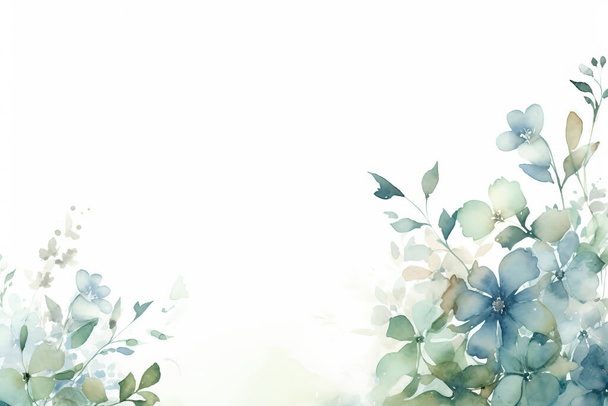 Bleke aquarel bladeren en bloemen op witte achtergrond - verticale botanische design banner. Bloemen pastel aquarel, vintage stijl - Foto, afbeelding