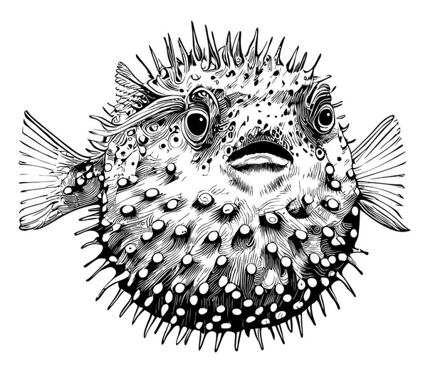 Puffer fish hand drawn sketch in doodle style illustration - Vector, Image