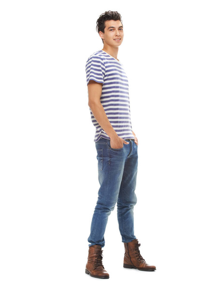 Casually handsome. A full length portrait of a happy young man, isolated on white - Photo, image