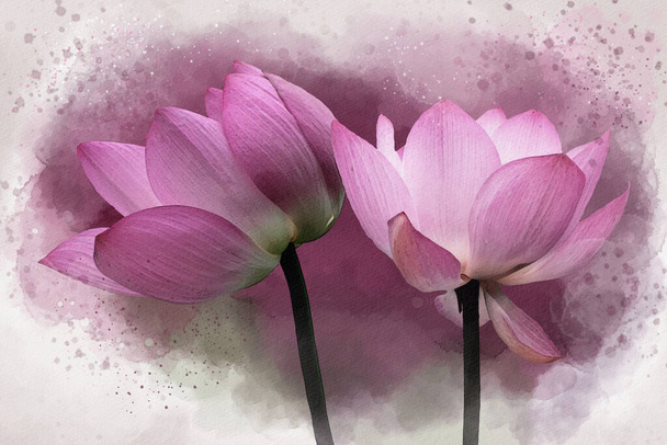 Aquarell-Gemälde einer leuchtend rosa Lotusblumen. Botanische Kunst. Dekoratives Element für eine Grußkarte oder Hochzeitseinladung - Foto, Bild