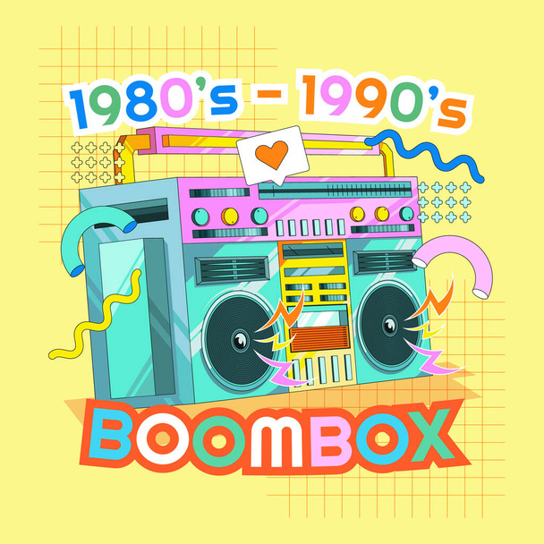 Εικονογράφηση κινουμένων σχεδίων Boombox της δεκαετίας του 80 με πολύχρωμο στυλ και Memphis γεωμετρικά αντικείμενα φόντο - Διάνυσμα, εικόνα